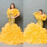 sexy bright gold mermaid evening dresses luxury sequins tiered ruffles tulle formal prom gowns custom made robe de mari%c3%a9e