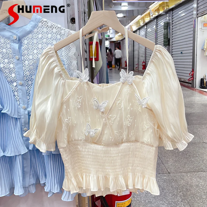 

2022 Summer Ladies New Simple Embroidered Butterfly Puff Sleeve Short Shirt Women Fashion Sweet Elegant Strap Chiffon Shirt Top