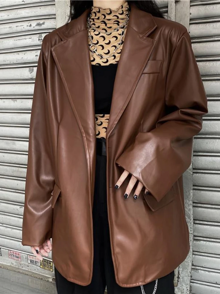 Leather coat Women's Spring and Autumn Korean version ins Vintage black top Suit Loose casual jacket Overlay