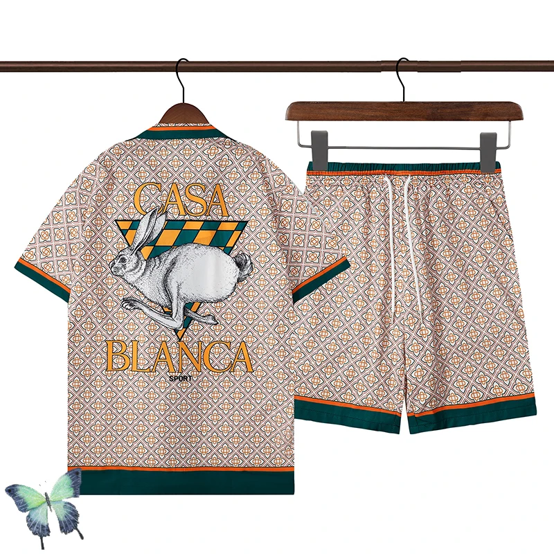 

Full Printed Grid Kangaroo Pattern Letter Print Casablanca Shirts Men Women Short Sleeves Cardigan Casa Hawaiian Shirt Set