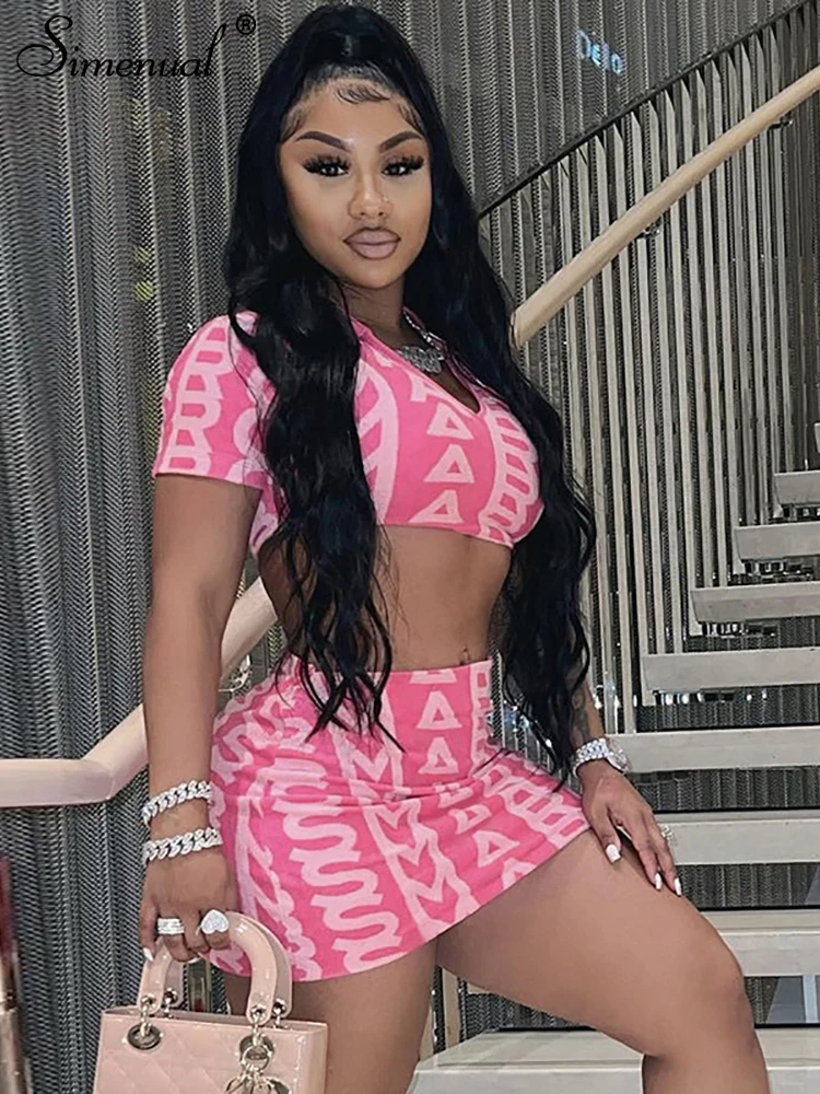 

Simenual Pattern Print Set Woman 2 Pieces Lapel Short Sleeve Crop Tops Mini Skirt Suit Summer Fashion Streetwear New Co ord Sets