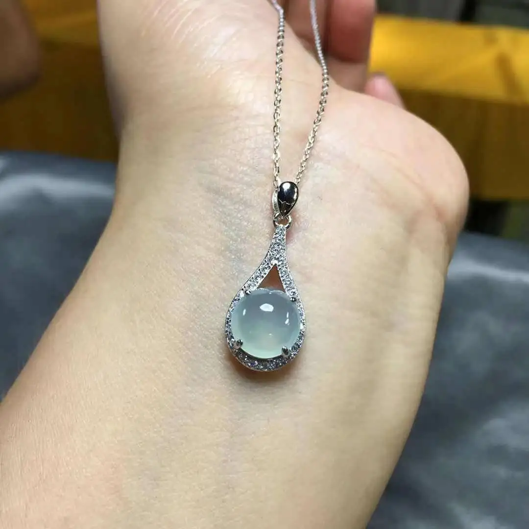 Длинная ручка] Природный халцедон в форме яичных лапшей, инкрустированный серебром S925, простой, изысканный и элегантный женский подвесной.