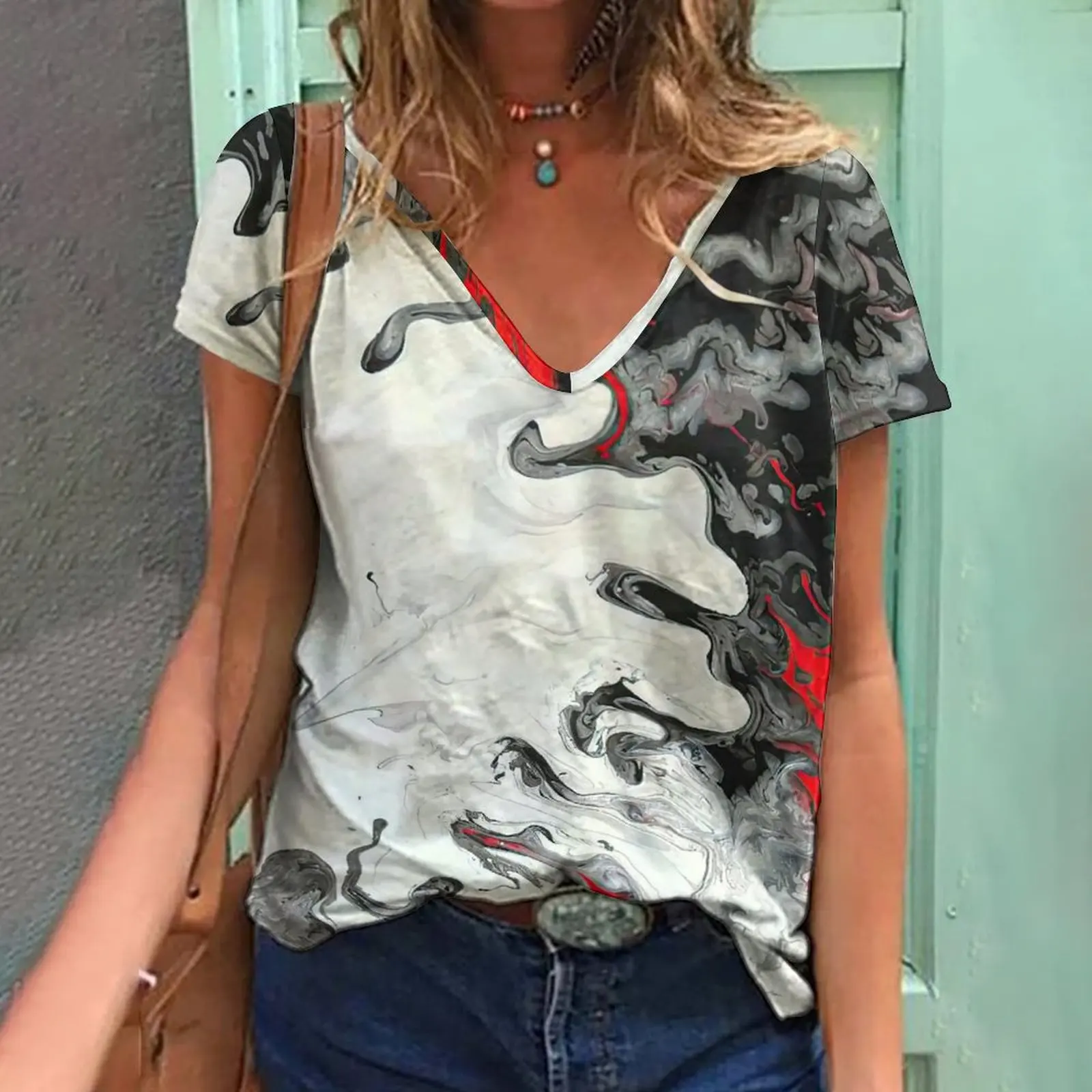 

New women T-shirt Printed T-shirt street wear top fashion women V-neck T-shirt casual fashion aesthetic large T-shirt women