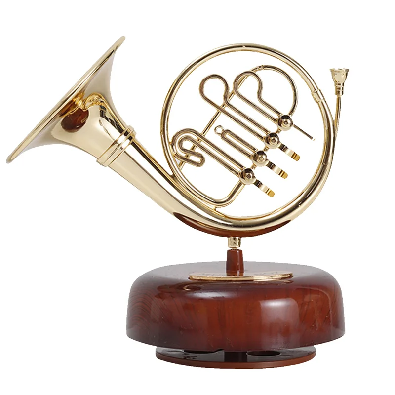 

French Horn Music Box Classical Wind Up Twirling Music Box Rotating Base Brass Wind Instrument Miniature Artware