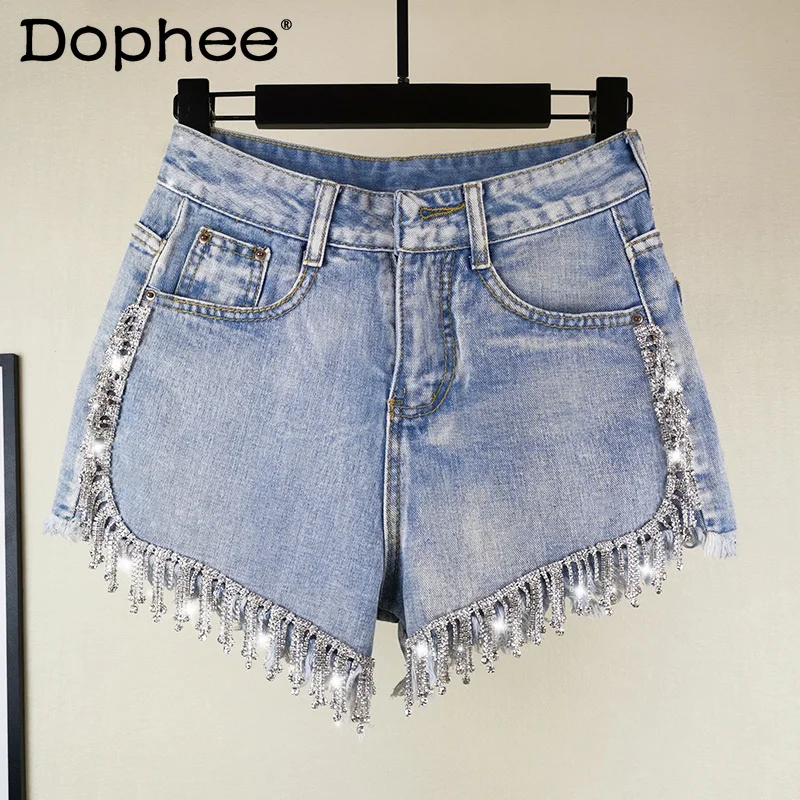 

Women Denim Shorts Personality Street Rhinestone Tassel New High Waist Fashion Temperament Spring Summer 2022
