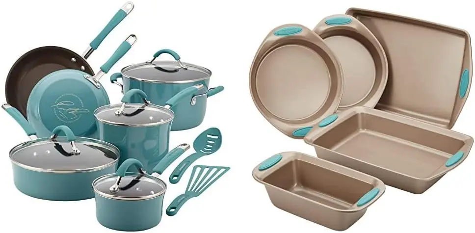 

Nonstick Cookware Pots and Pans Set, 12 Piece, Agave Blue & Cucina Bakeware Set Includes Nonstick Bread Baking Cookie Sheet