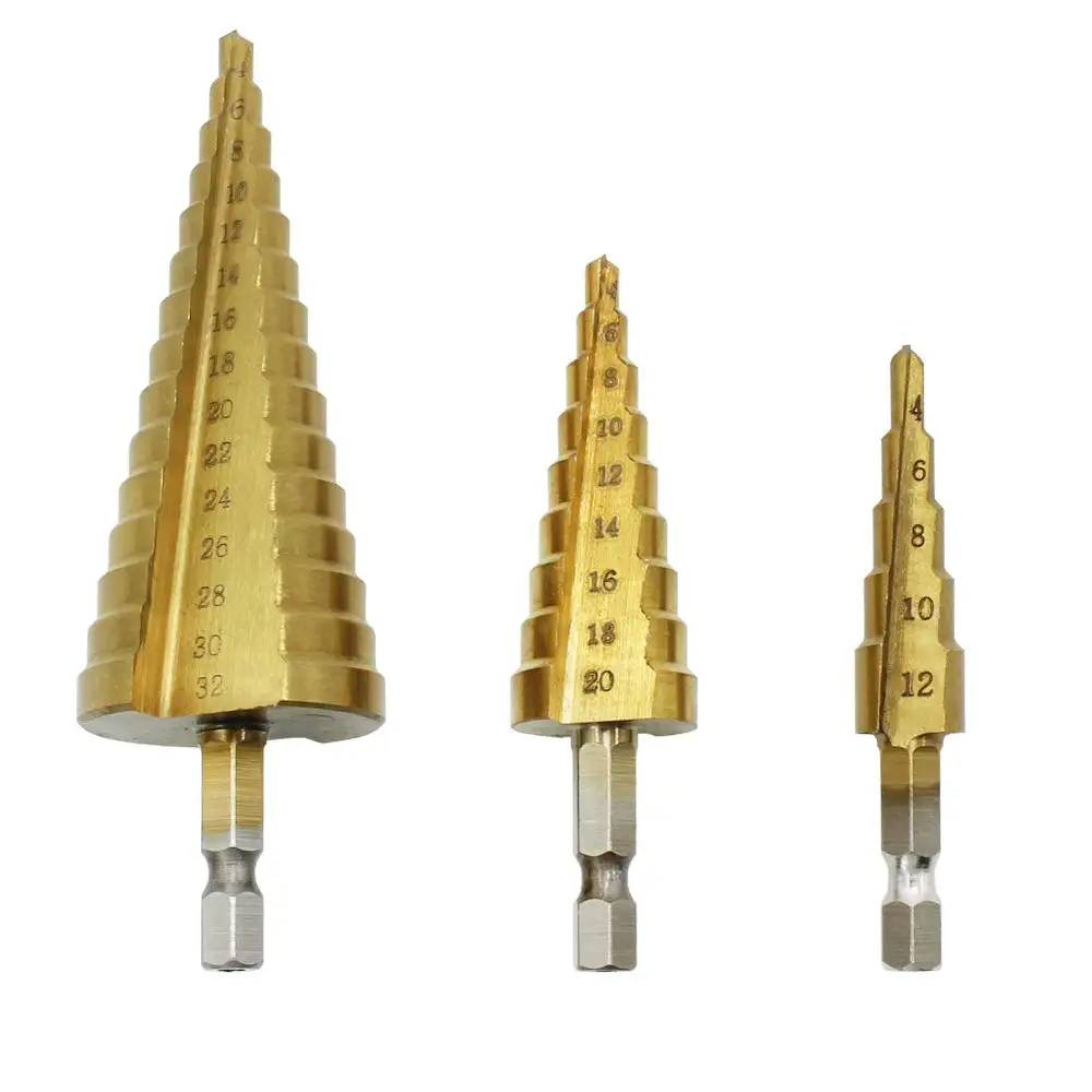 

3pc Hss Step Drill Bit Set HSS Straight Groove Step Titanium Coated Metal Hex Core Drilling Bits Speed Tools Metal Hole Cutter