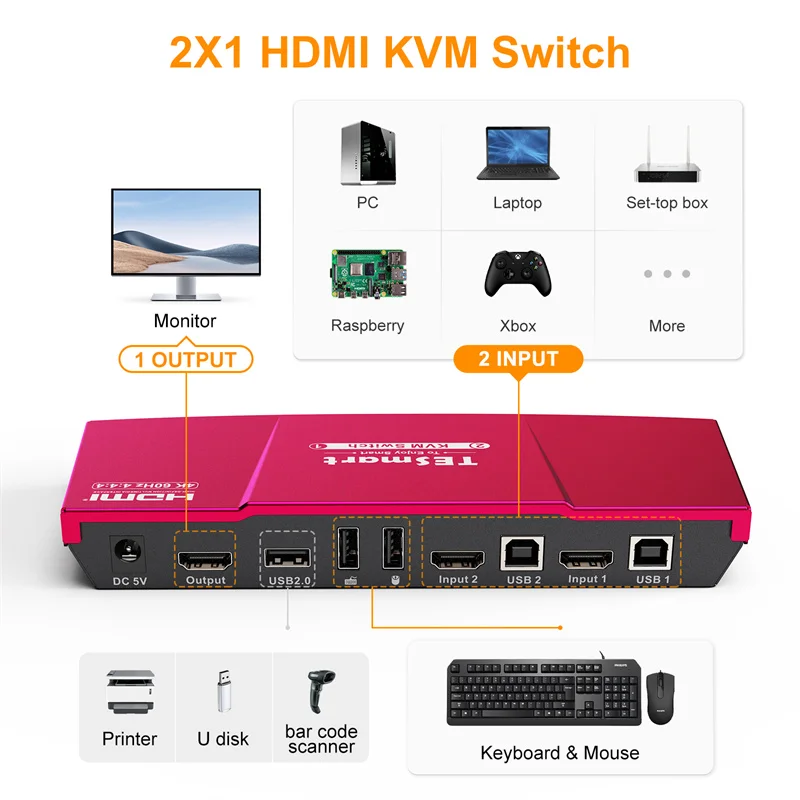 TESmart KVM Switches on sale 2 input 1output With EDID HDCP 2.2 Audio output 4K@60Hz HDMI KVM switch