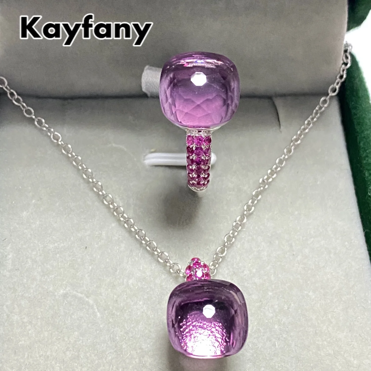 

Pomellato 11.6mm Crystal Jewelry Set For Women Candy Necklace Ring Set Inlay Purple Zircon Ring Set Candy Crystal Jewelry
