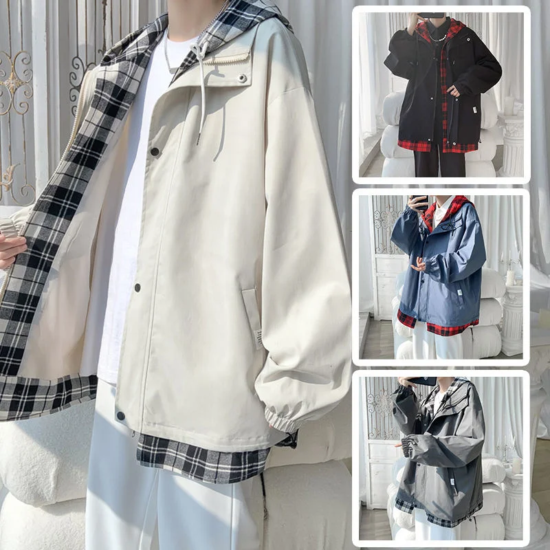 

Korean Black White Plaid Men Hooded Jacket 2022 Harajuku Man Oversized Coats Spring Male Casual Outwears Clothing