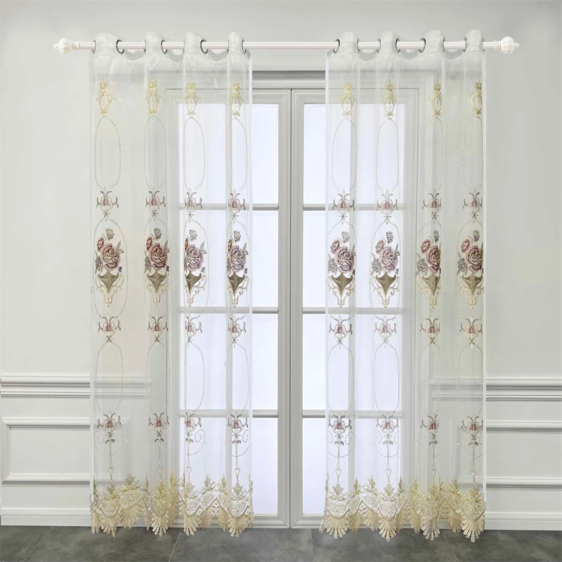 

Europe Beige Flower Lace Embroidery Chenille Sheer Tulle Curtains For Living Room Bedroom Window Drapes Voile Fabric Curtains