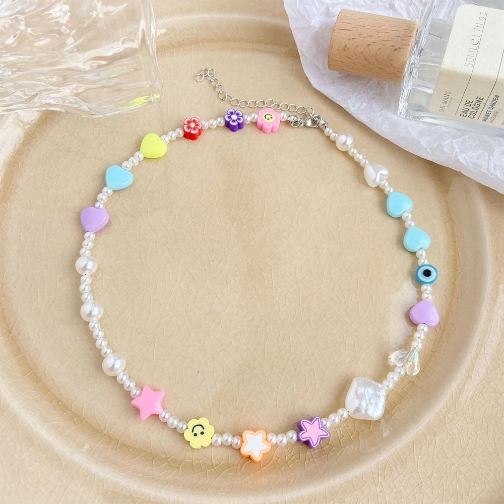 

Korean Trendy Simulated Pearl Choker Necklace For Women Bohemian Colorful Handmade Heart Star Bead Collar Cute Color Jewelry