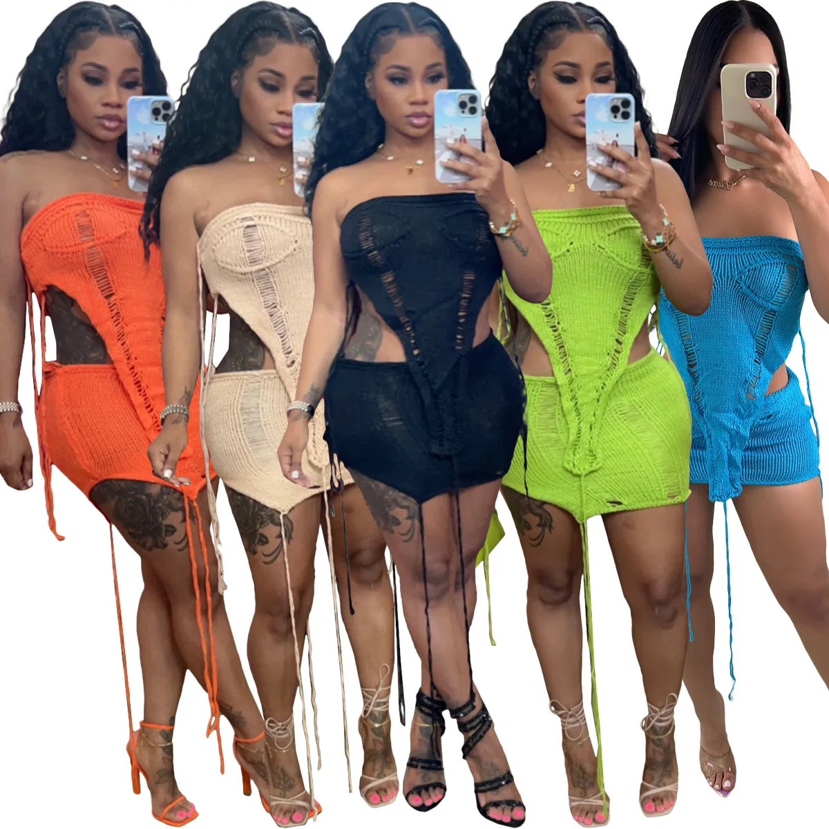 Summer Knitted Hole 2 Piece Set Women Sexy String Off the Shoulder Crop Top and Mini Skirts Skinny Club Outfits Beach Wear Suits