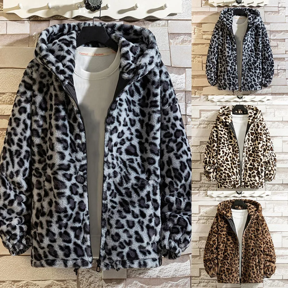 

Pullover Mens Tops Daily Faux Fur Fuzzy Hooded Jacket Leopard Office Parka Coat Polyester Soft New Fashionable