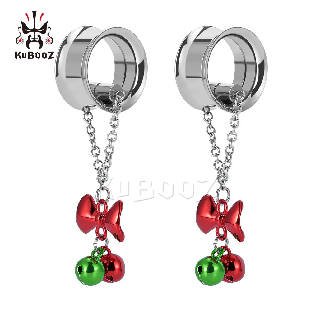 

KUBOOZ Christmas Bell Bow Pendant Ear Tunnels Plugs Expander Piercing Body Jewelry Earrings Gauges 2PCS