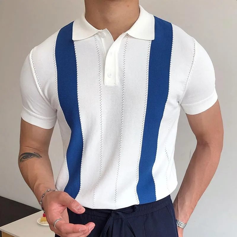 

New men's summer short-sleeved sweater white stripe slimming business foreign trade POLO shirt