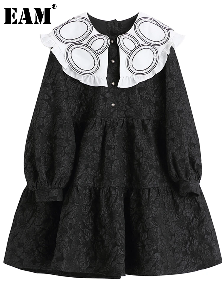 

[EAM] Women Black Jacquard Ruffles Dress New Peter Pan Collar Long Sleeve Loose Fit Fashion Tide Spring Autumn 2022 1DD5399