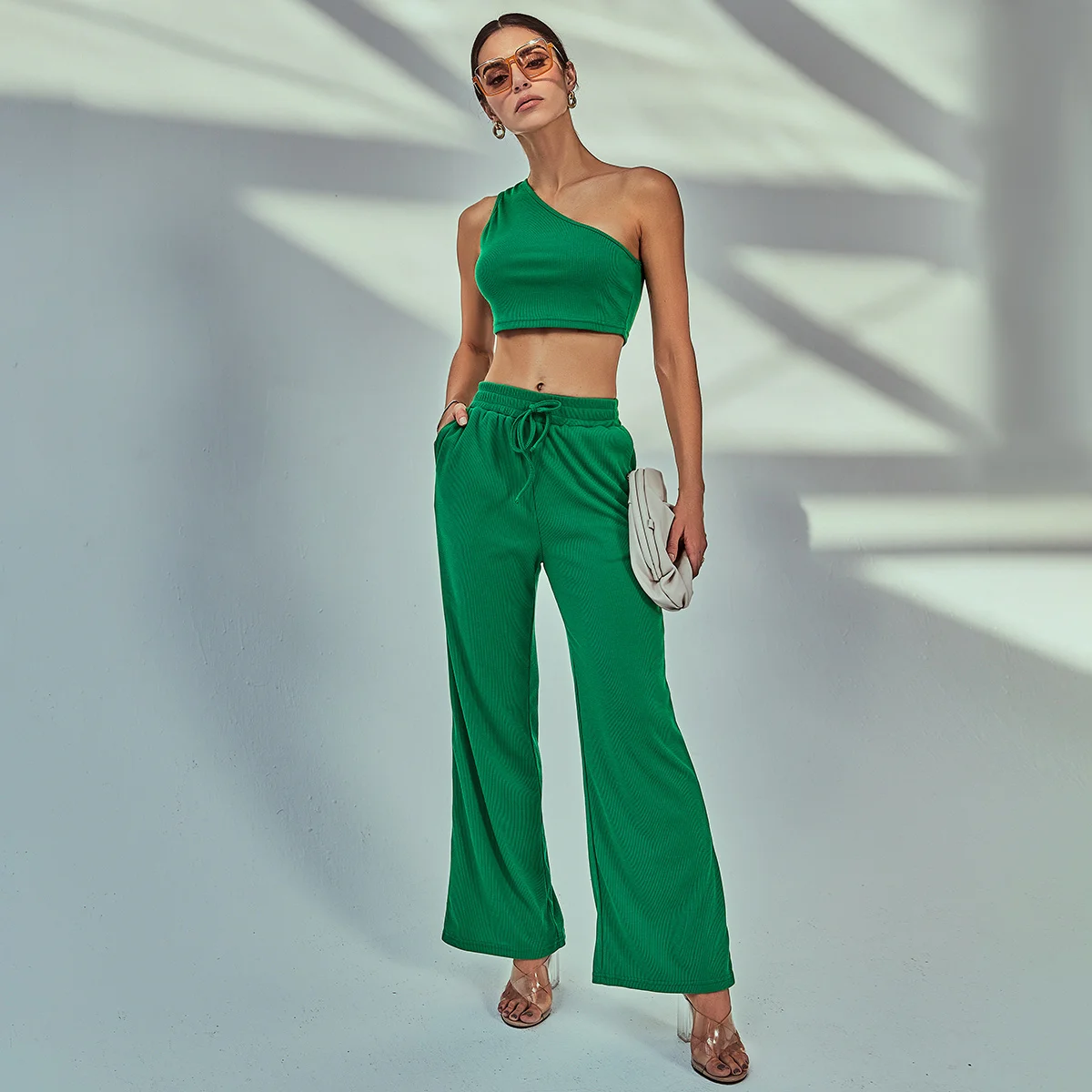

Spring Summer Green Pants Suits Women One Shoulder Crop Top and Elastic Waist Wide Leg Pants Y2K Elegant 2 Piece Suits 2022