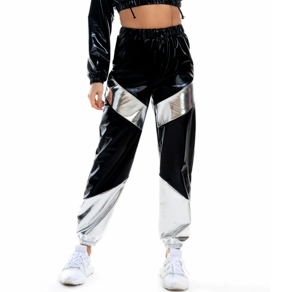 Women Reflective Long Pants with Pockets High Waist Loose Holographic Patchwork Trousers Club Dance Jogger Pants Clubwear