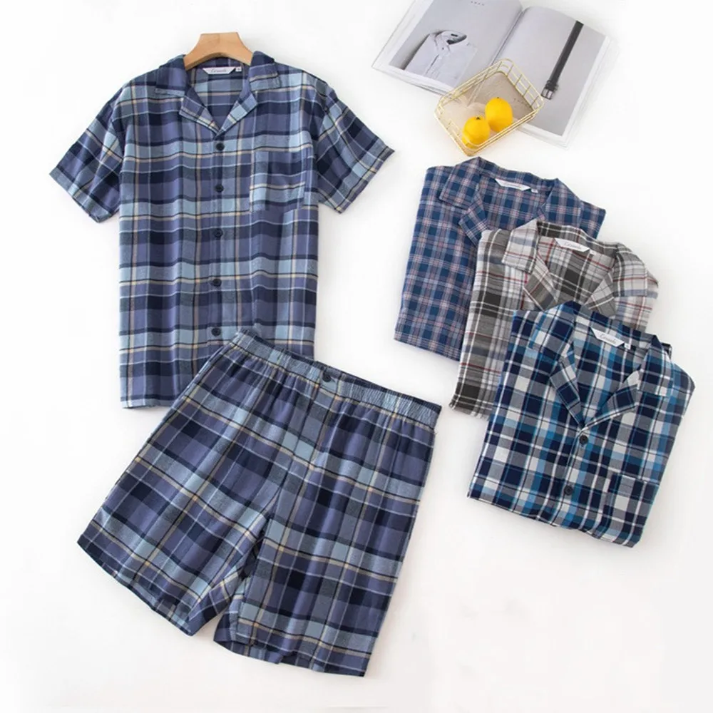 Plaid Pajamas Set Casual Sleepwear For Man Soft Pyjama Men's V-Neck Short Sleeve Shirt Shorts 100% Cotton Fashion Home Big Set