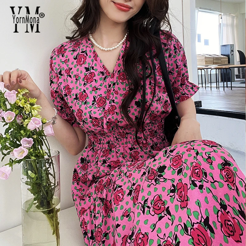 

YornMona Women Dress 2023 Summer Romantic Floral Print Elastic Waist Long Dress Vacation Fashion Korean Party Vestidos