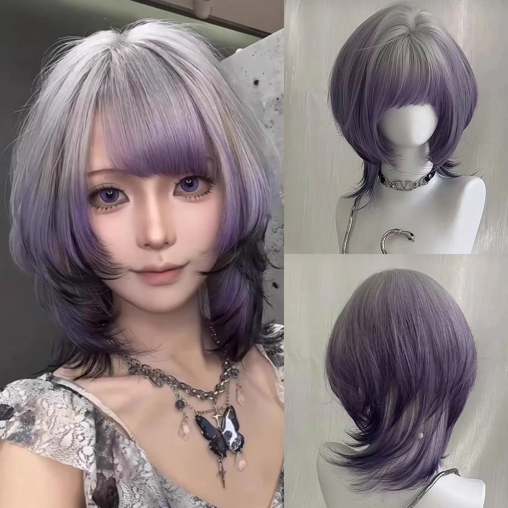 Серый Ombre Фиолетовый Короткий Синтетический Прямой Женский Парик Термостойкий