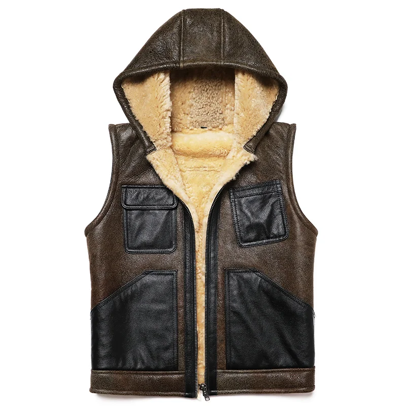 

Hooded Shearling Wool Fur Sheepskin Naturl Genuine Leather Vest Men Thick Sleeveless Jacket Man Sheep Clothing Warm Waistcoat