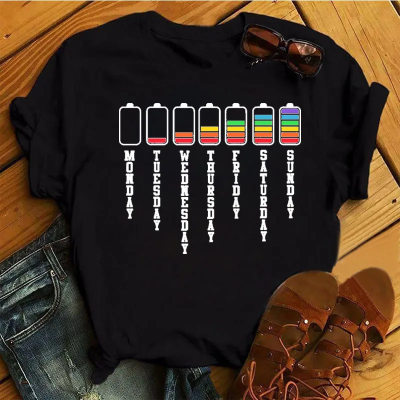 

Monday Sunday T Shirt Women New Funny Black T Shirt Ladies Casual Tops Weekday Weekend Tees Shirt Female Short Sleeve T-shirts