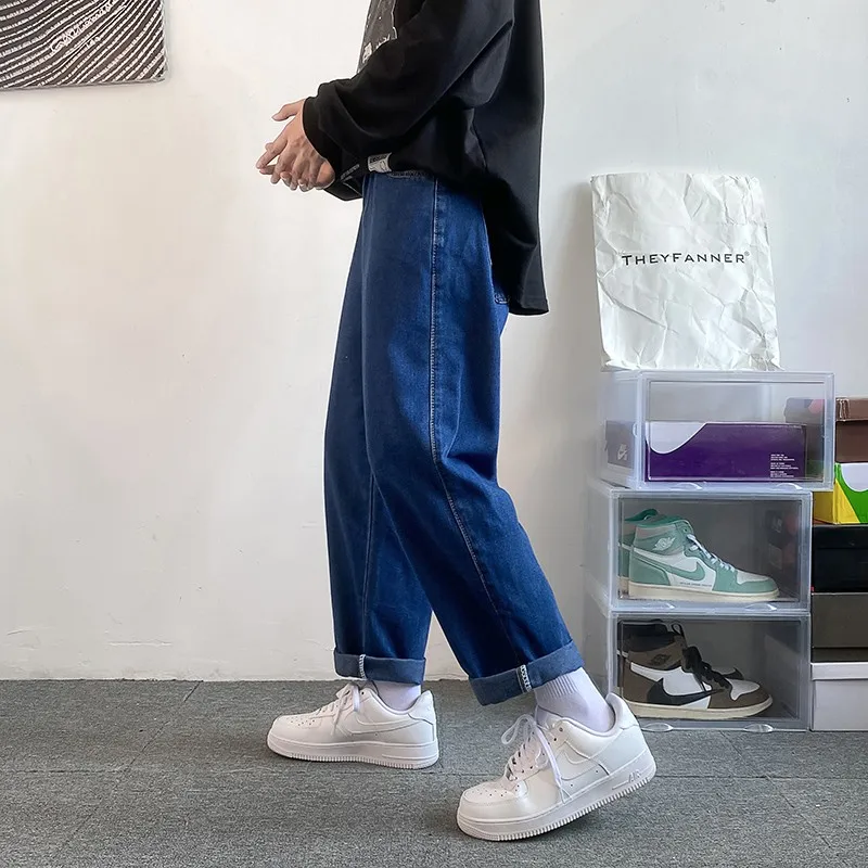 EOENKKY/2022 Spring and Autumn New Street Casual Loose Jeans Men's Harajuku Street Loose Straight Nine-point Pants Men