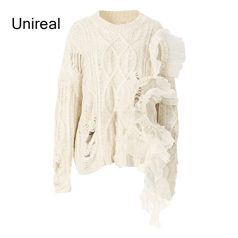 

Unireal 2022 Autumn Winter Designed Women Knitted Sweater Pullovers Ruffle Black Hole Ripped Sweater