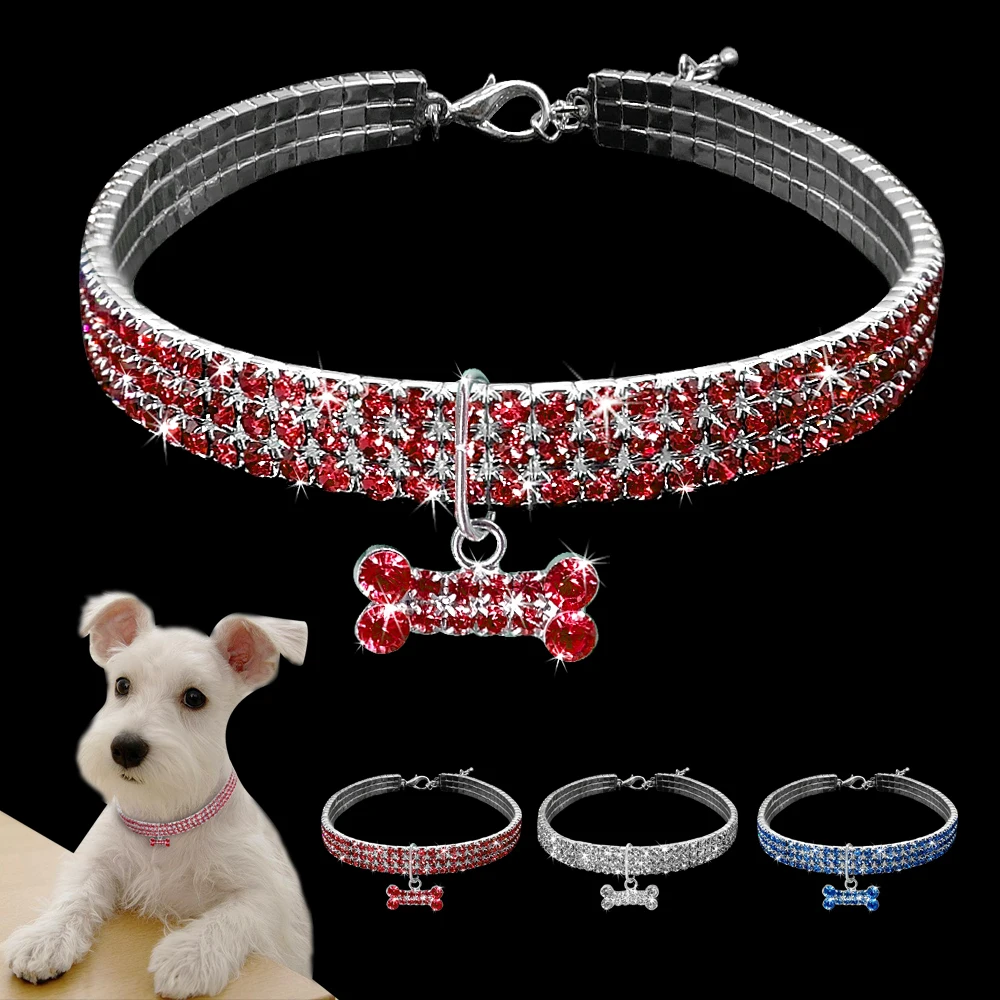 

Bling Rhinestone Dog Cat Collar Jeweled Crystal Puppy Kitten Necklace Bone Charm Accessories Pet Collars For Dogs Cats Chihuahua