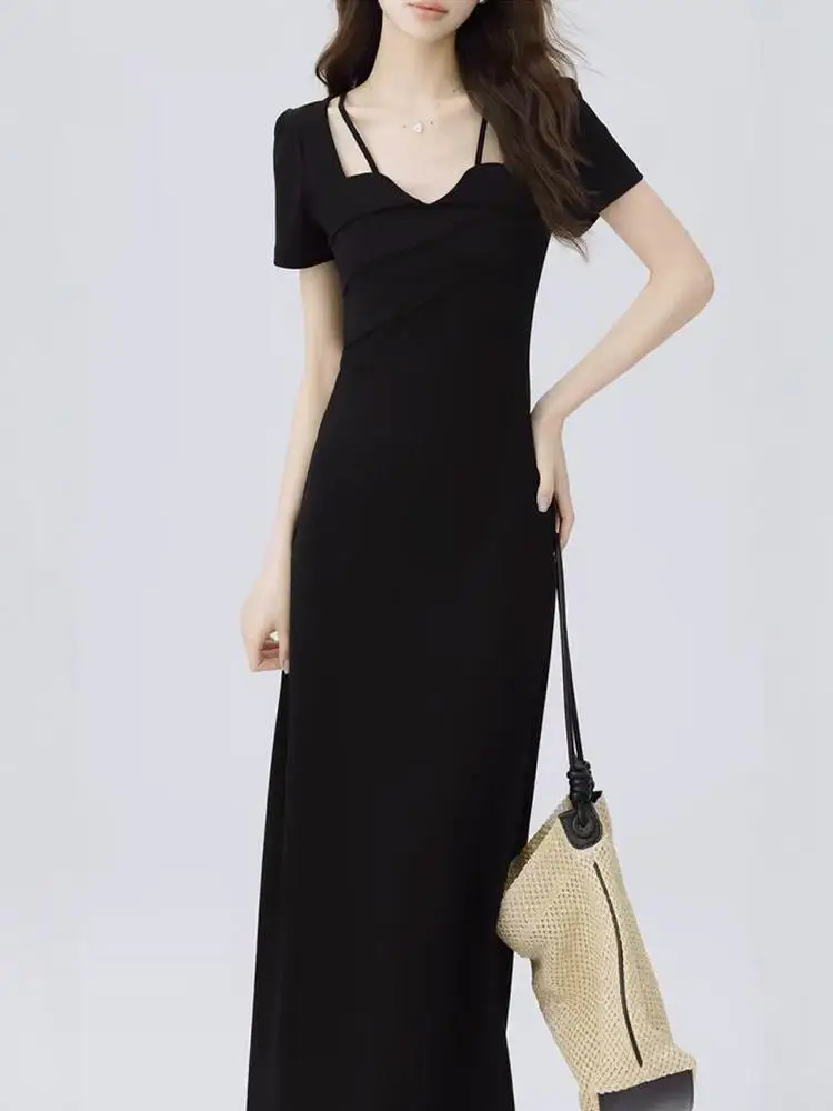 Новинка лета 2024 черное приталенное платье во французском стиле ретро