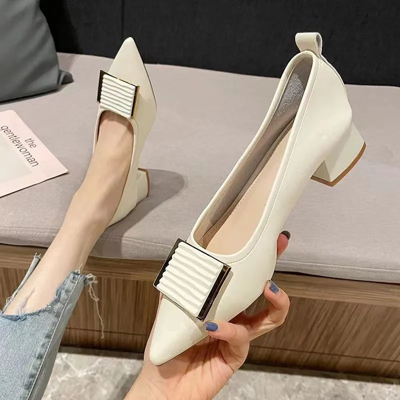 

Новинка 2023, женские туфли на высоком каблуке, сезон весна-осень, модные удобные туфли на устойчивом каблуке, простая мягкая резиновая подошв...