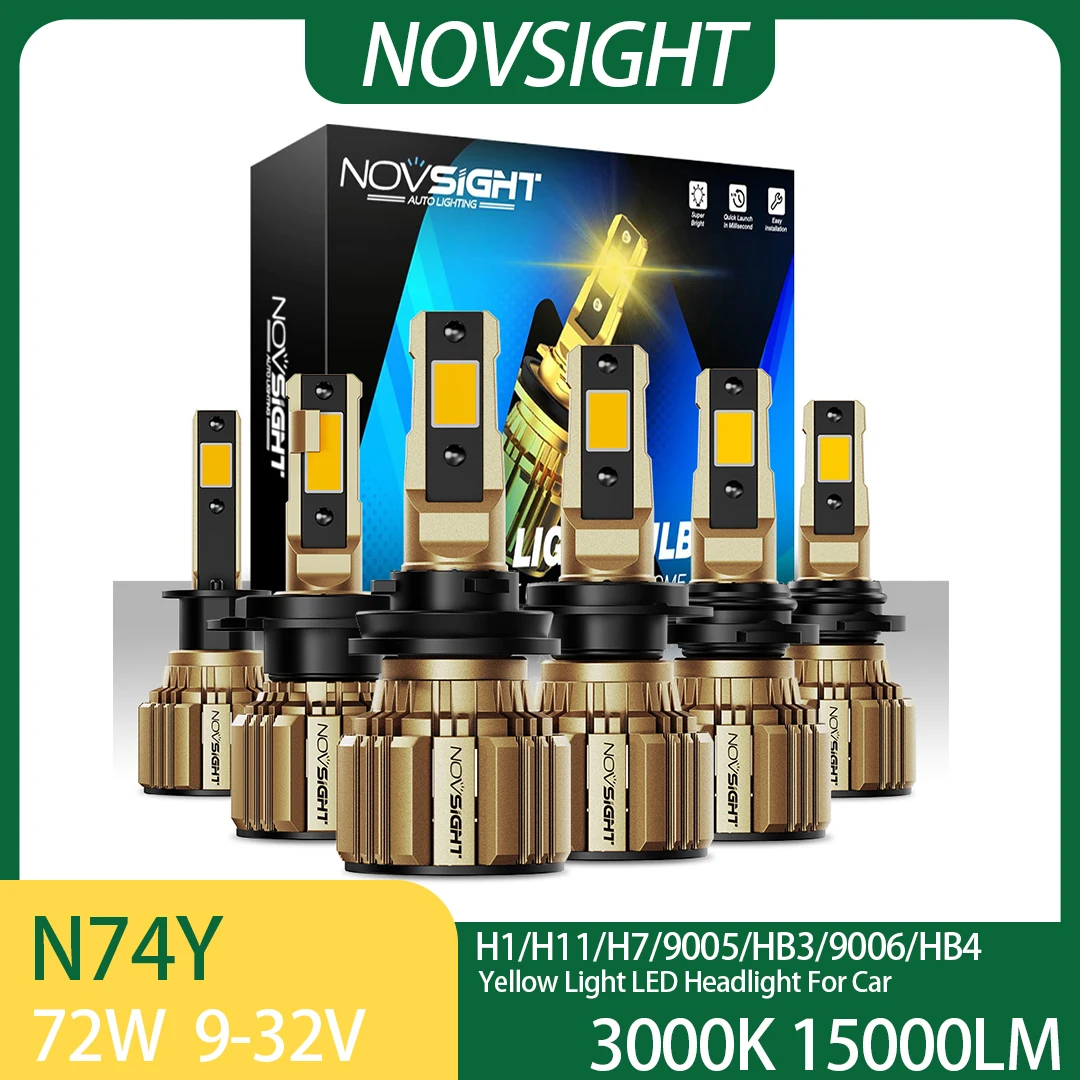 Фото NOVSIGHT N74Y Желтый свет 3000K H11 LED фара для автомобиля H1 H7 9005 HB3 9006 HB4 72W LED автомобильные лампы высокой яркости №1
