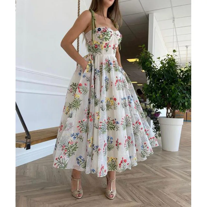 

Suspender Printing Dress Women 2022 Summer New Sexy Waist Cross Belt Backless Suspender Dresses