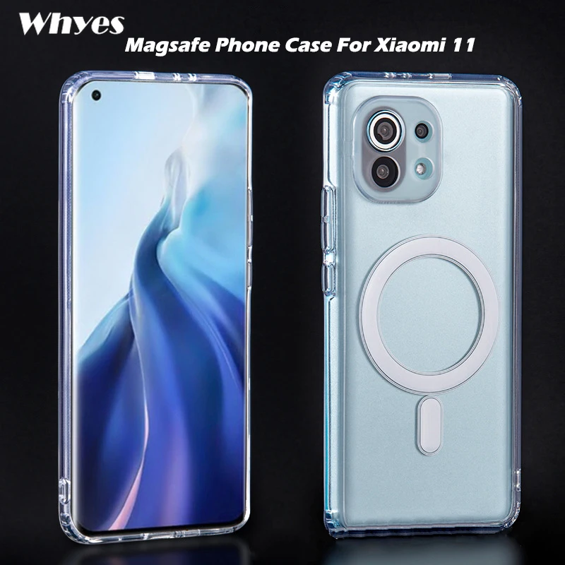 

Магнитный чехол MagSafe для телефона Xiaomi mi 11, противоударный прозрачный чехол с 4 углами, с поддержкой быстрой беспроводной зарядки