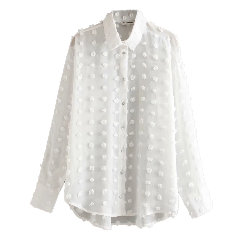 Рубашка женская шифоновая в горошек с V-образным вырезом и рукавами-фонариками -