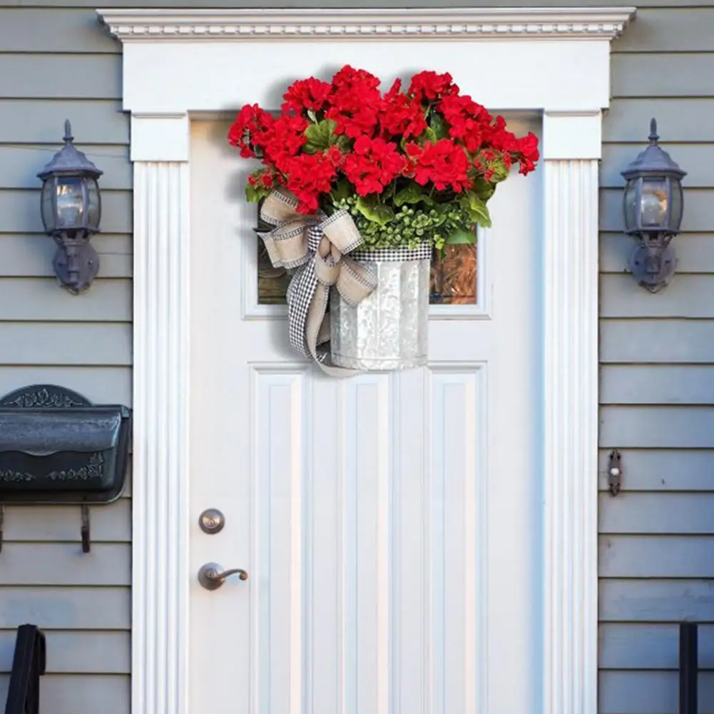 

Artificial Red Geranium Bucket Wreath Fake Garland Spring Summer Party Decor For Front Door C9U6