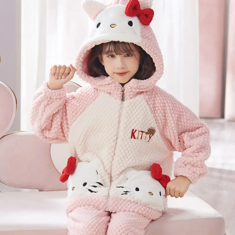 Sanrio cartoon Hello kitty Lotso cute autumn and winter soft skin-friendly warm home clothes set for girls older children