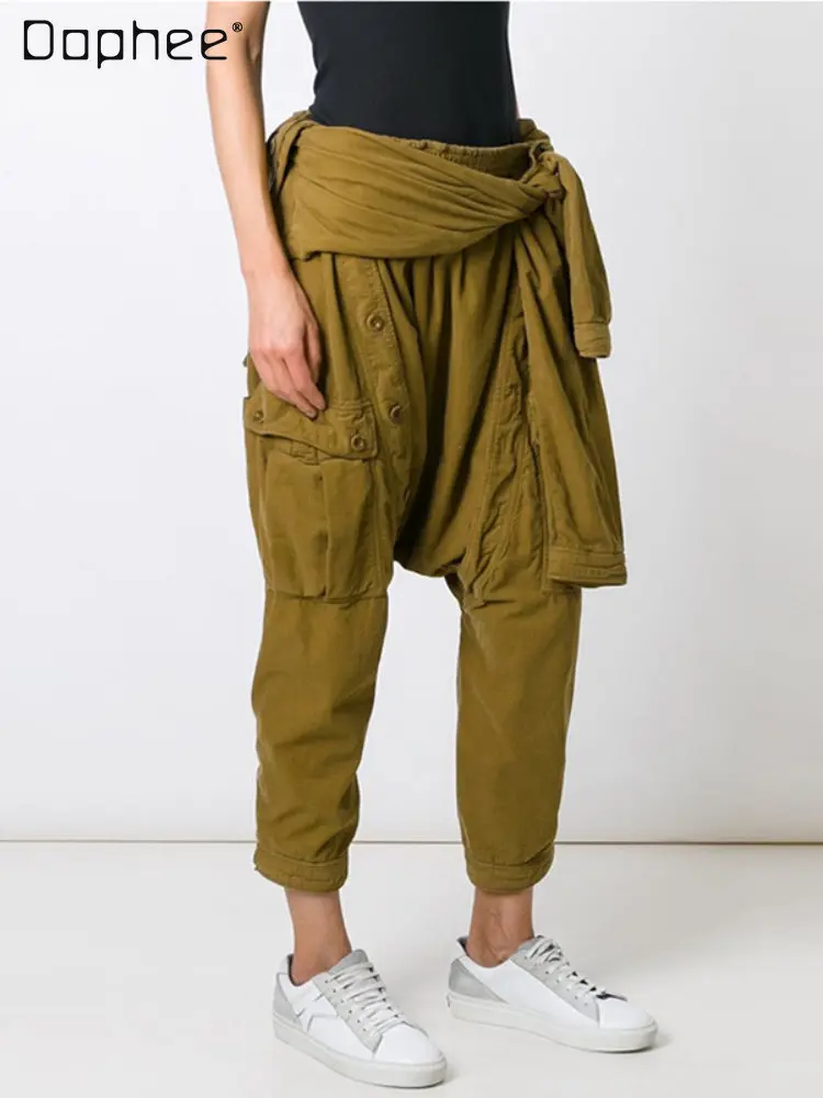 Street Style Women's Loose Khaki Harem Pants 2022 Autumn New Casual Loose Sleeve Lace-up Corduroy Rope Cropped Pants Female