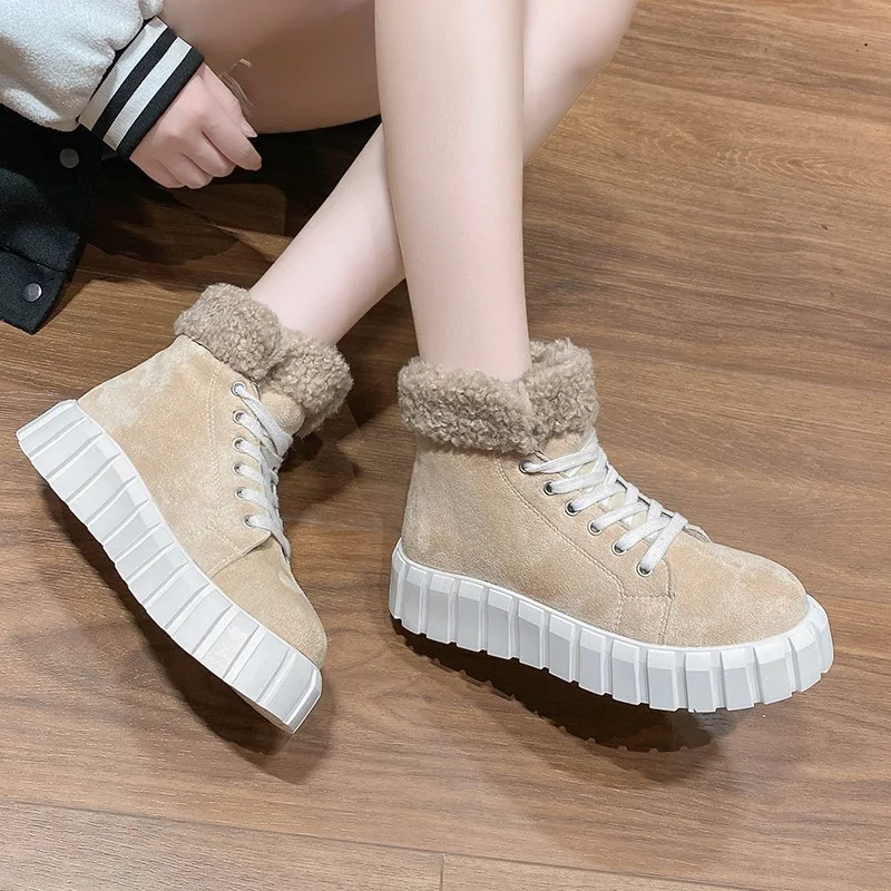 

Snow Boots Warm Plush Cross-Tie 2023 Winter New Fashion Ankle Boots Casual Design Flat Outdoor Roman Biker Boots Plus Size 35~42