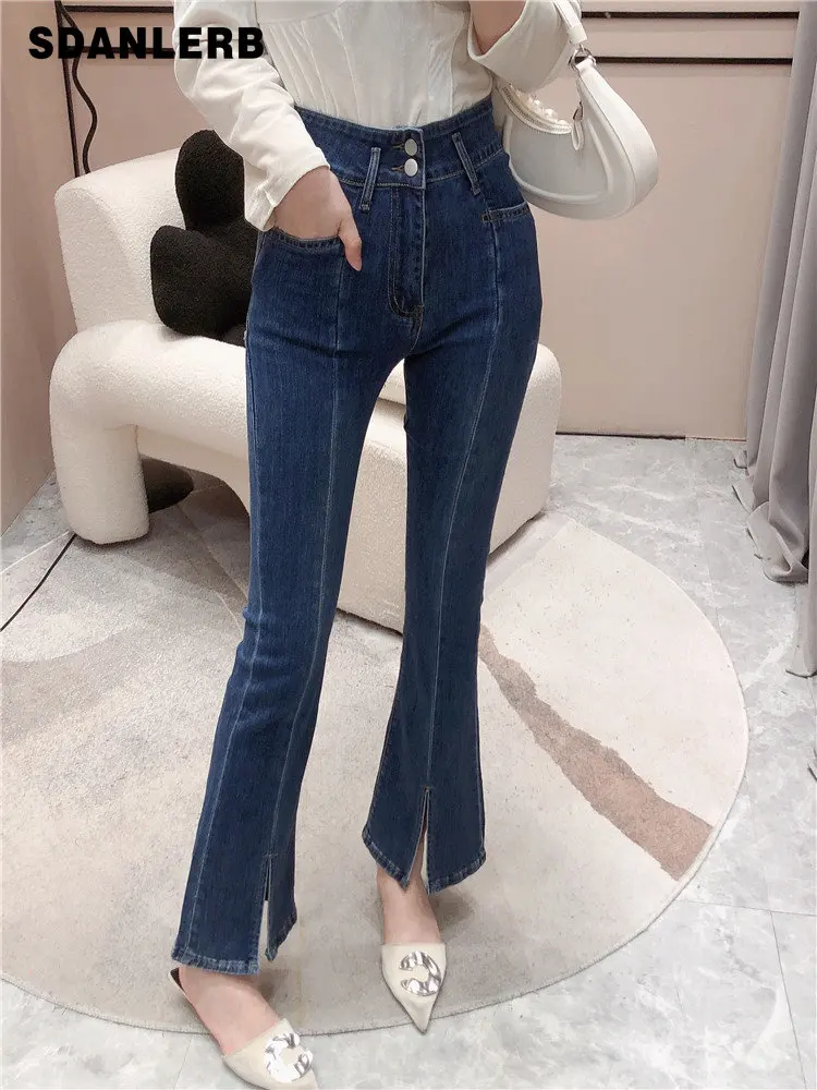 

Spring Autumn Fashion High Waist Slimming Jeans Women's Design Split Stretch Denim Flared Pants All-matching Bootcut Trousrs