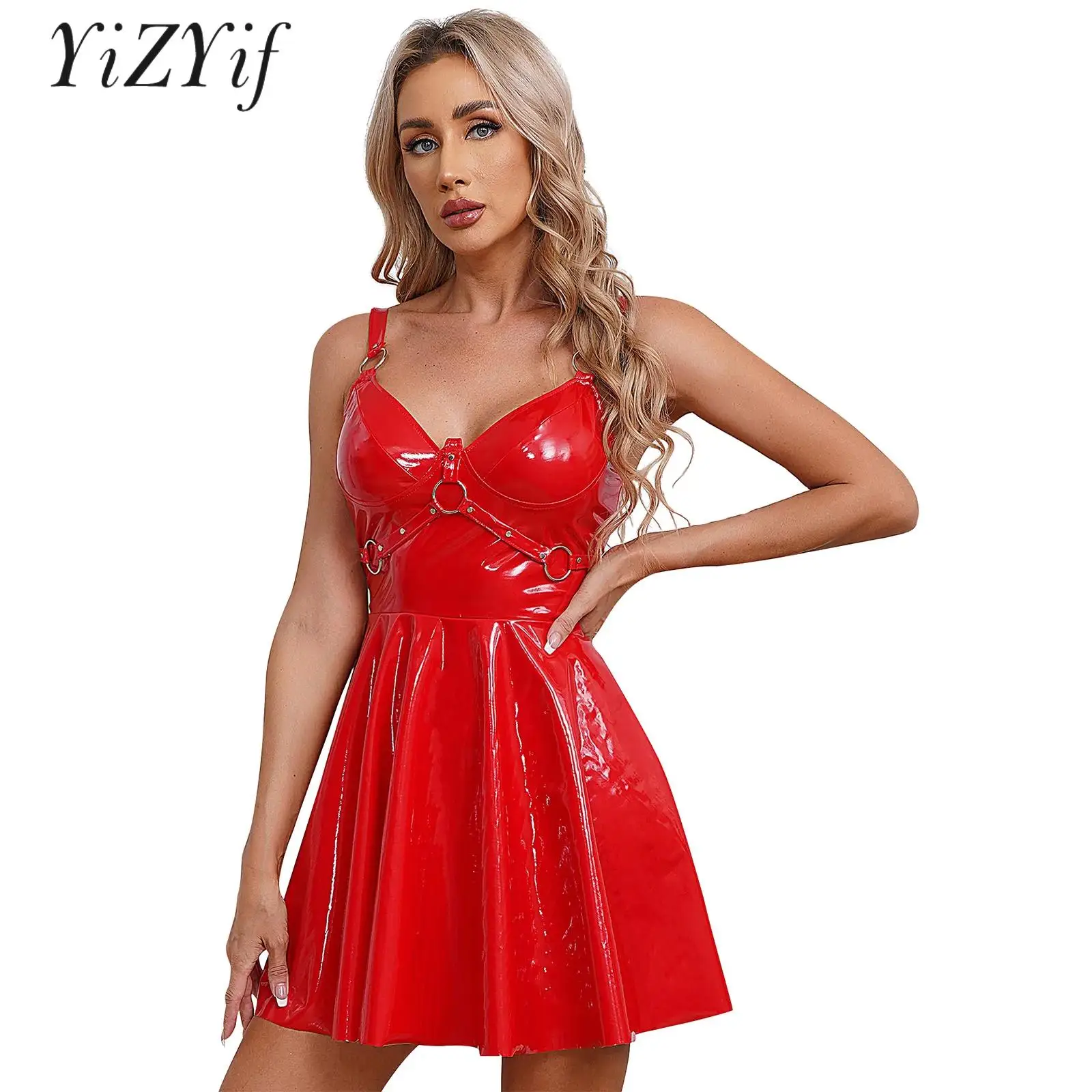 Женское платье-комбинация из лакированной кожи ТРАПЕЦИЕВИДНОЕ мини-платье с