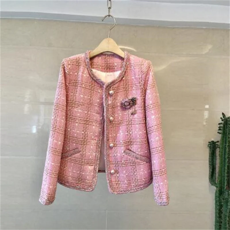 Spring women's coats checkered tweed woven edging jacket autumn new temperament long-sleeved slim clothes tide beige