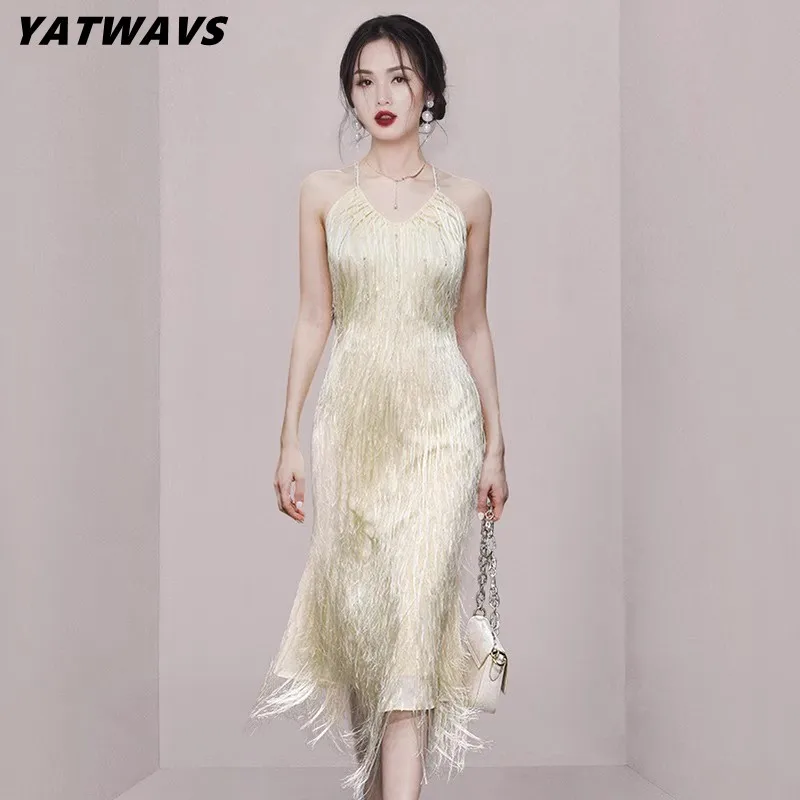 

Пикантные женские дизайнерские платья миди с кисточками на бретелях-спагетти, модные элегантные летние женские халаты без рукавов с V-образным вырезом