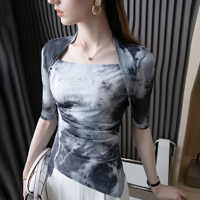 

Новинка лета 2022, топ с чернильным принтом, дизайнерская женская блузка с полурукавами, сетчатая блузка с графическим принтом, женские сексуальные топы