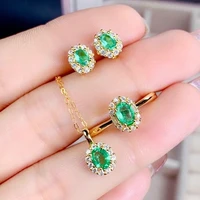 meibapj small natural emerald jewelry set 925 sterling silver necklace earrings ring 3 pieces suit fine jewelry for women