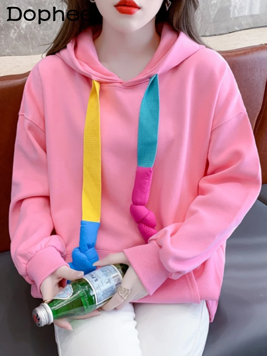 

Lace-up Long Sleeve Hooded Sweatshirt for Women 2022 New Spring Autumn Clothes Loose Oversize Beautiful Pink Hoodies Coat Top