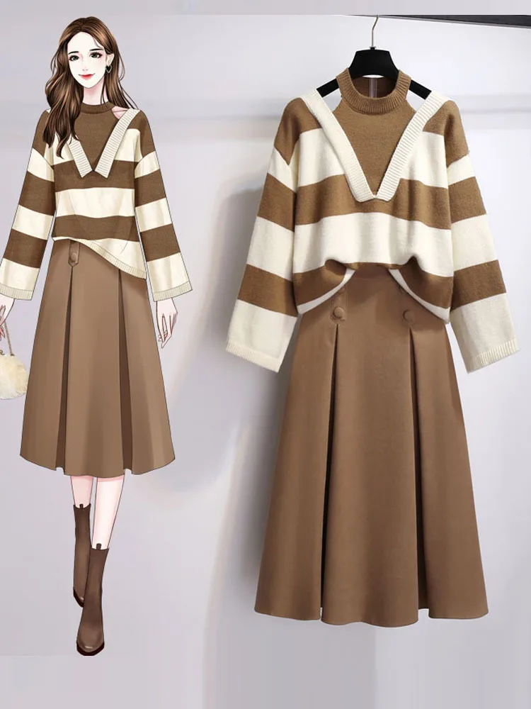 

Женский трикотажный комплект из двух предметов, повседневный трикотажный свитер в полоску с открытыми плечами и юбка в Корейском стиле, Осень-зима 2023