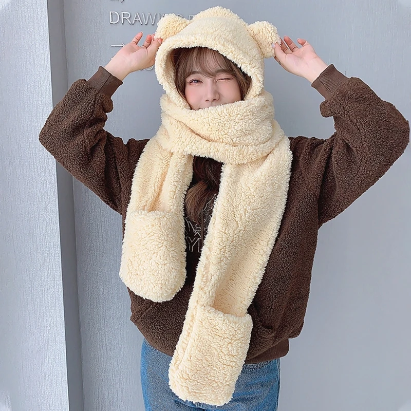 

Fashion Teenager Cartoon Plush 3in1 Hats Gloves Scarf Suits Women Winter Outdoor Warm Hat Students Windproof Supplies